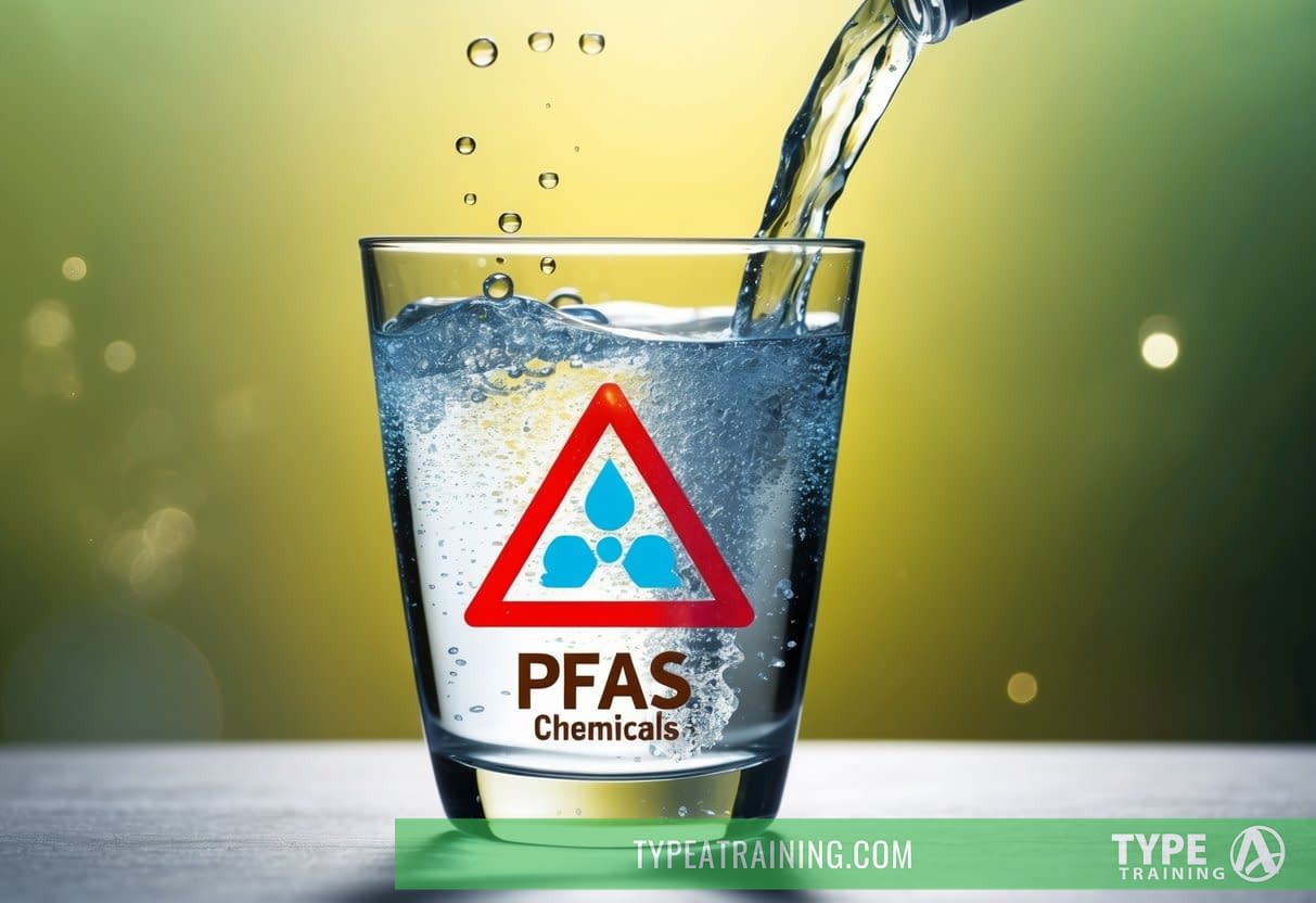 A glass of sparkling water with PFAS chemicals and a warning symbol