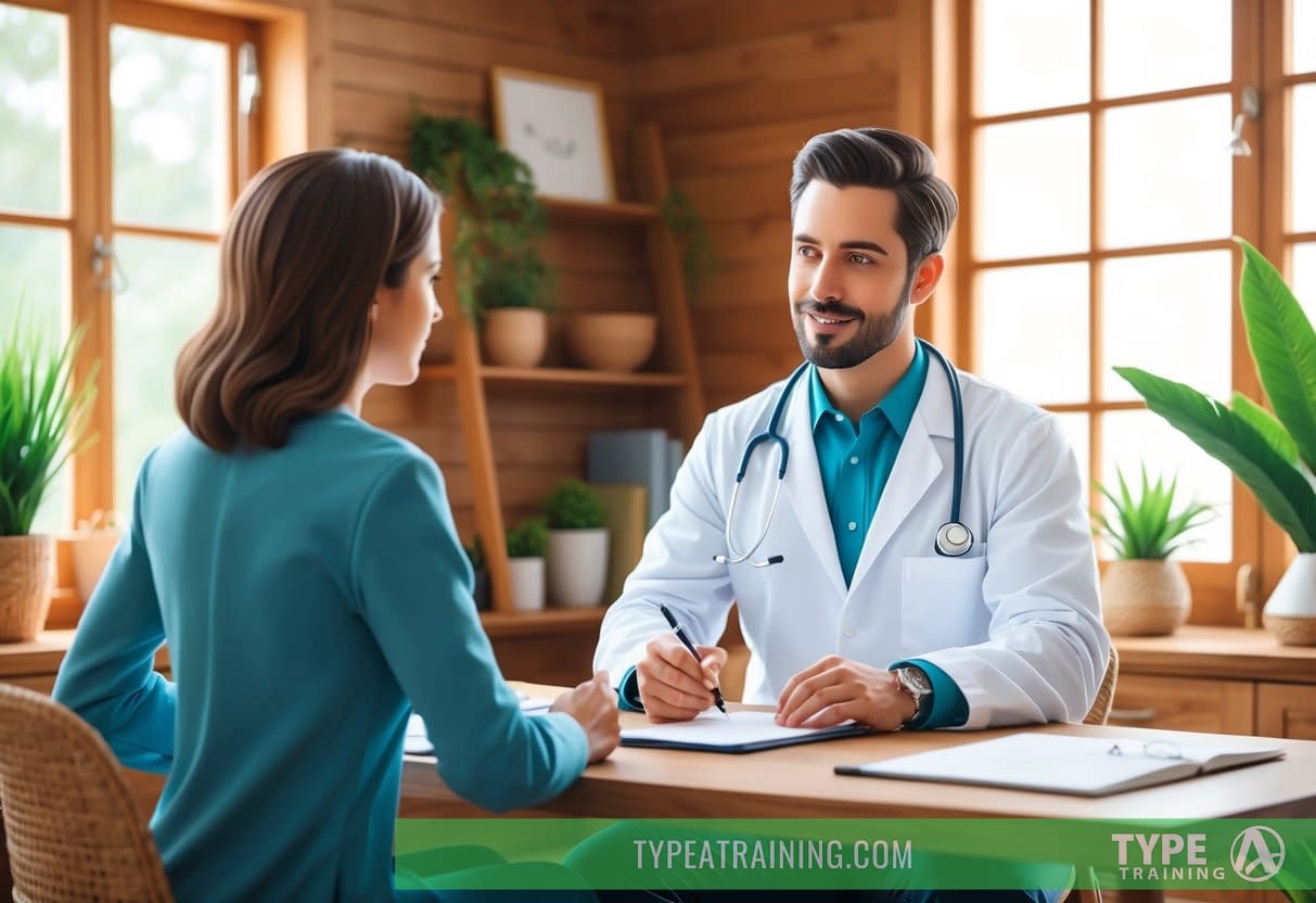 A naturopathic doctor sitting across from a patient, asking questions and taking notes in a cozy office with natural decor