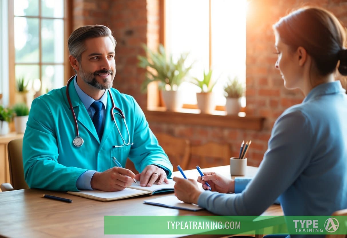 A naturopathic doctor sitting across from a patient, asking questions while taking notes in a cozy, natural-lit office
