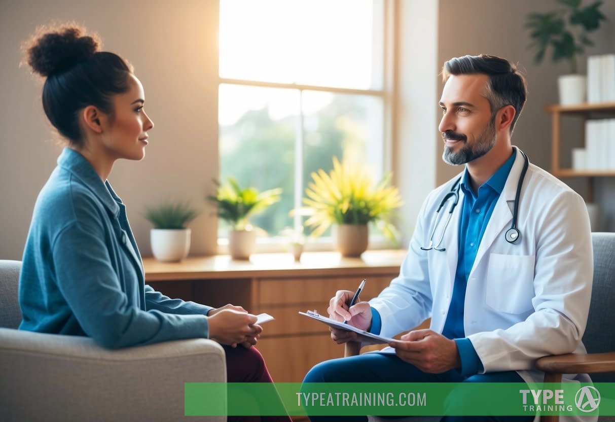 A naturopathic doctor sitting across from a patient, asking questions and taking notes in a cozy consultation room with natural light