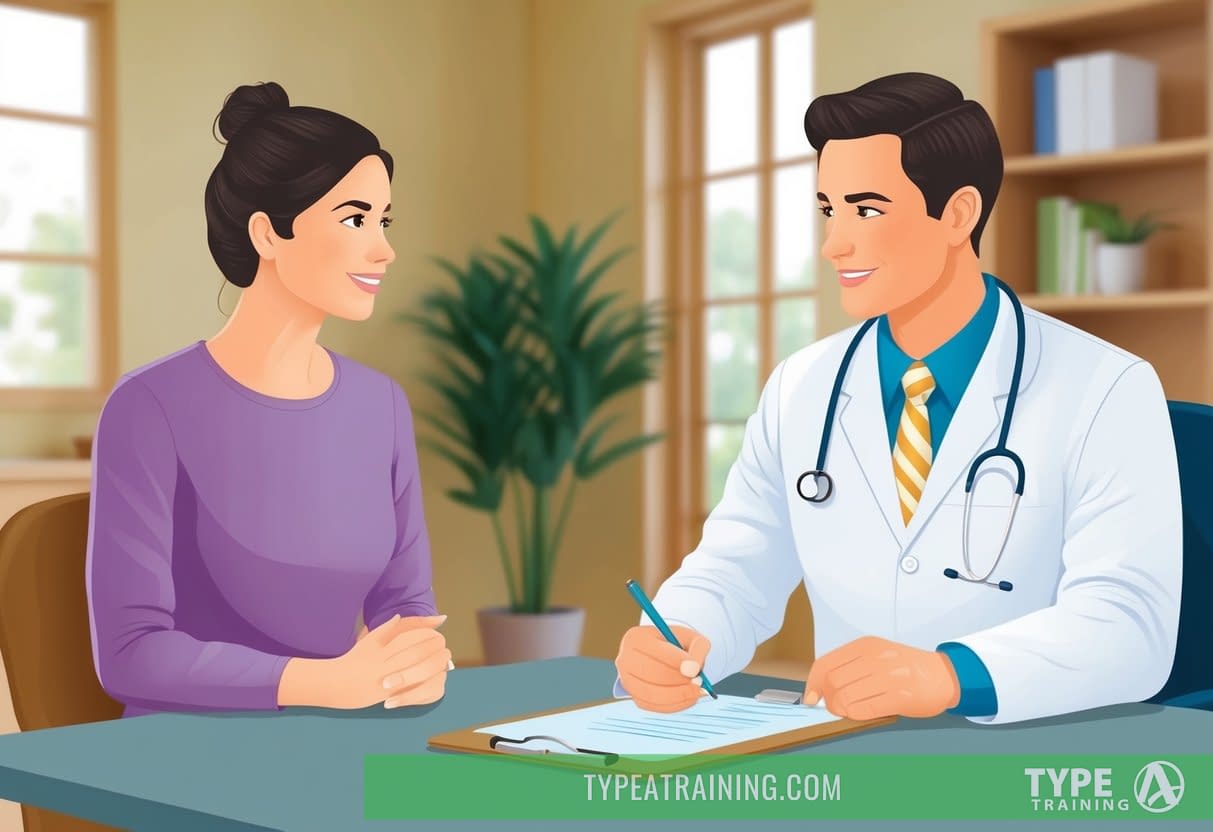 A naturopathic doctor sitting across from a patient, asking questions and taking notes on a clipboard. The patient is answering the doctor's questions in a cozy, well-lit office