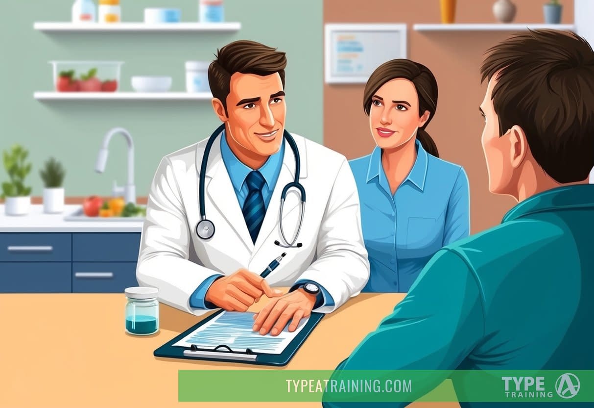 A naturopathic doctor sitting across from a patient, asking questions about their dietary habits and nutrition. The doctor holds a clipboard and pen, while the patient listens attentively