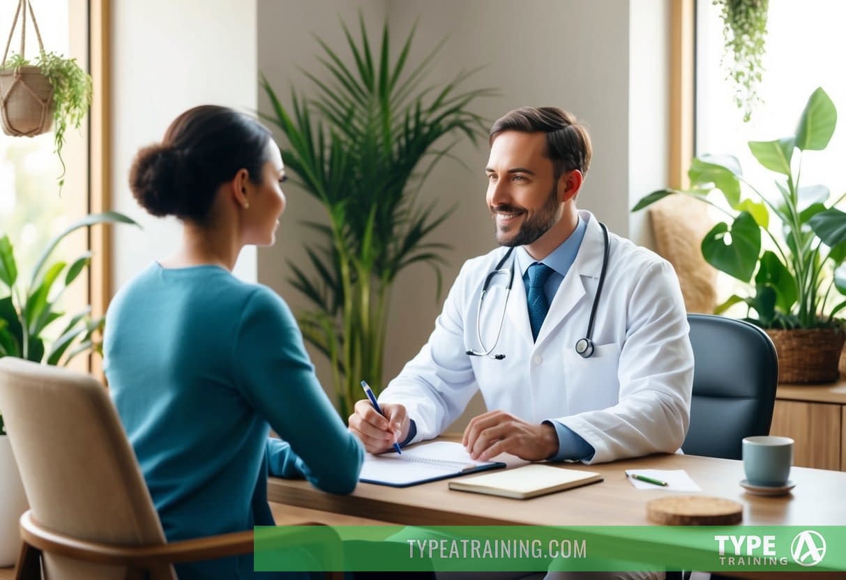 A naturopathic doctor sitting across from a patient, asking questions and taking notes in a cozy, well-lit office with plants and natural decor