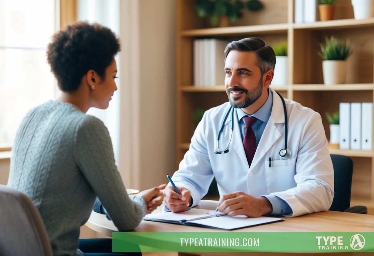 A naturopathic doctor sitting across from a patient, asking questions and taking notes in a cozy, well-lit office