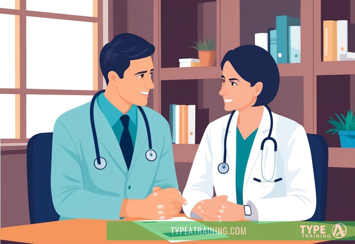 A naturopathic doctor sitting with a patient, asking questions about family health history. The doctor listens attentively as the patient responds