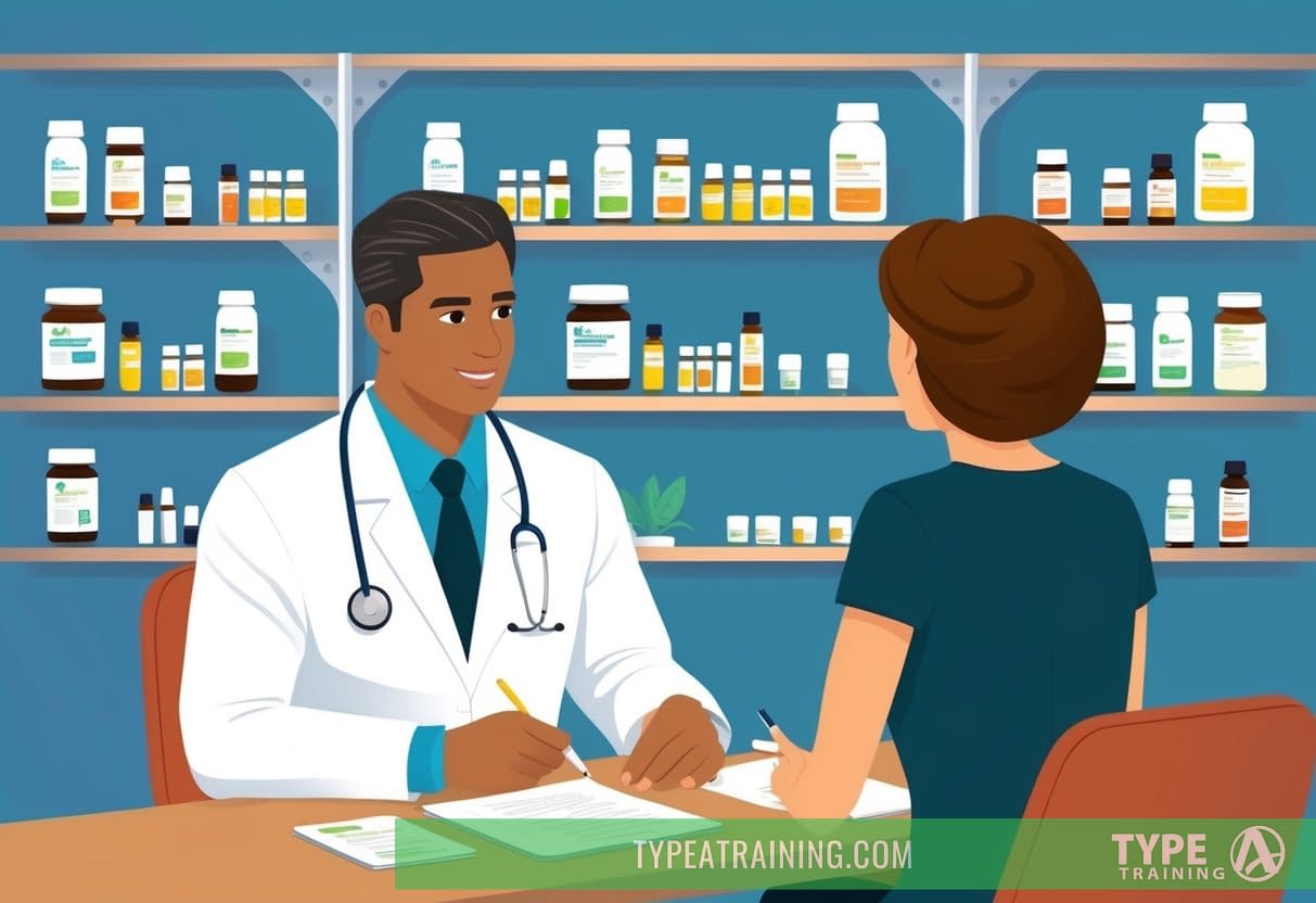 A naturopathic doctor sitting across from a patient, asking questions and taking notes. Shelves filled with supplements and medication bottles in the background