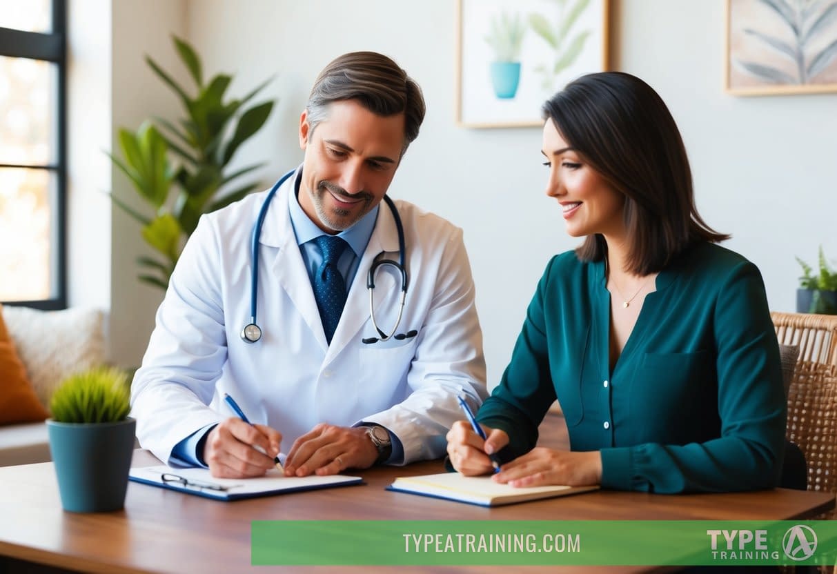 A naturopathic doctor sitting with a patient, asking questions and taking notes in a cozy office setting