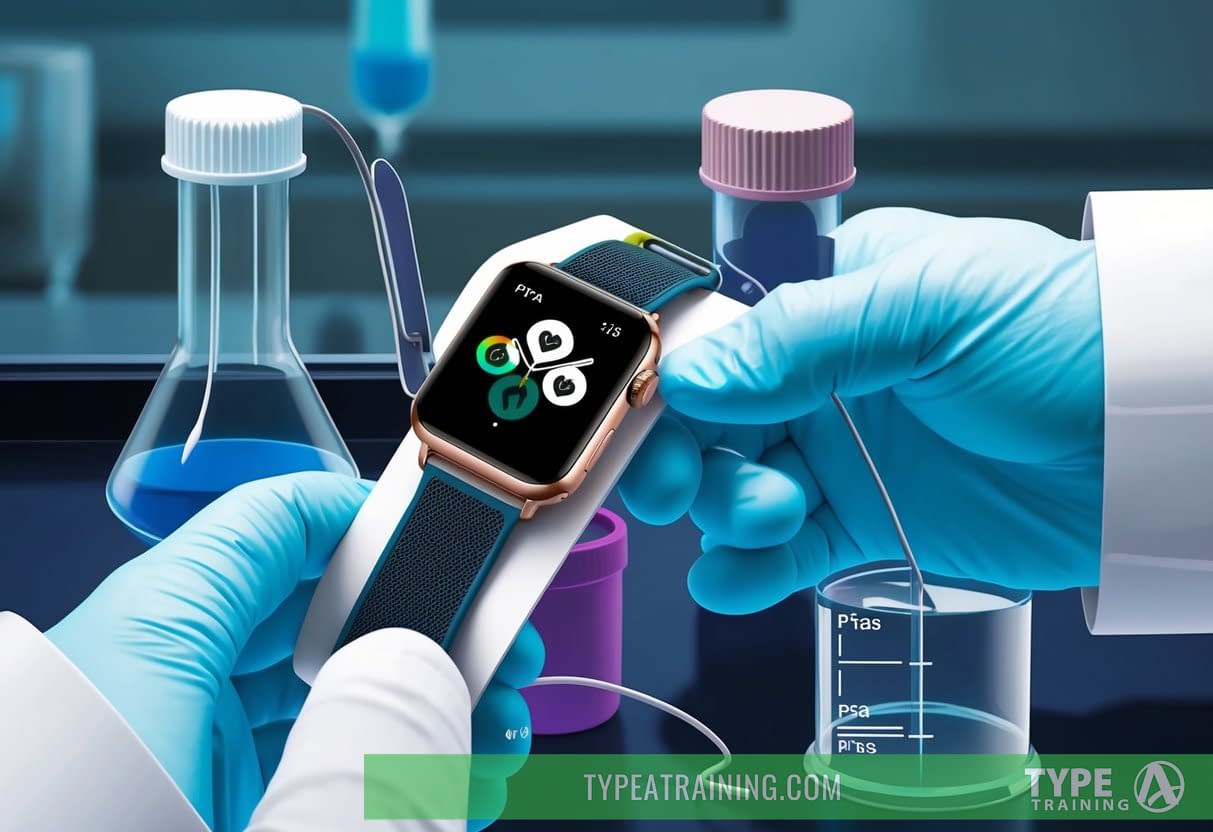 A smartwatch with interchangeable bands is being tested in a laboratory setting for PFAS chemicals