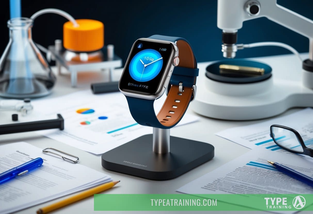 A smartwatch with PFAS-free bands on a sleek display stand, surrounded by scientific equipment and research papers