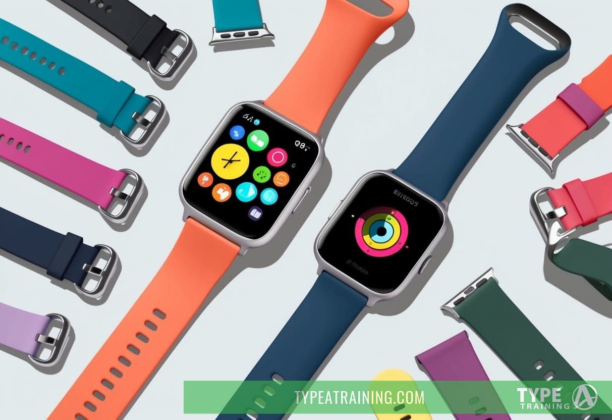 A smartwatch and fitness tracker are placed next to each other, with colorful bands spread out around them