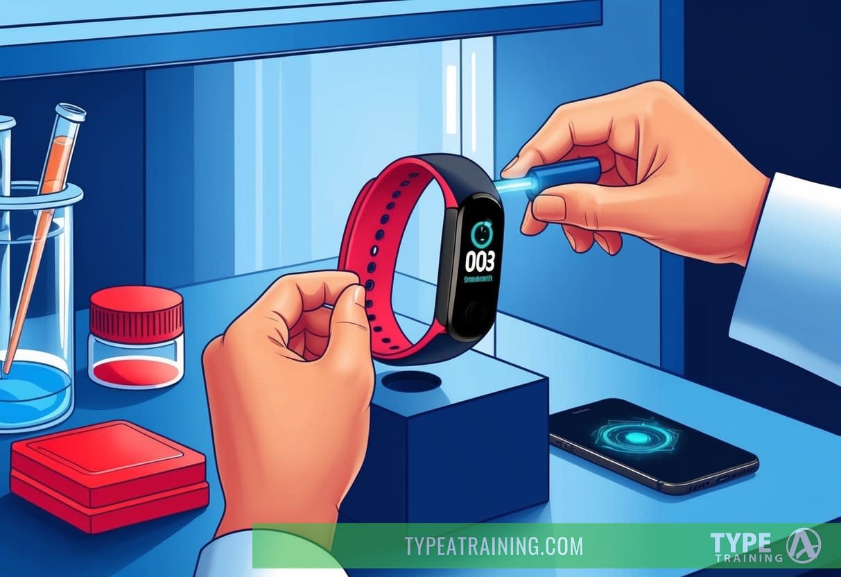 A smartwatch band being tested for PFAS contamination in a laboratory setting