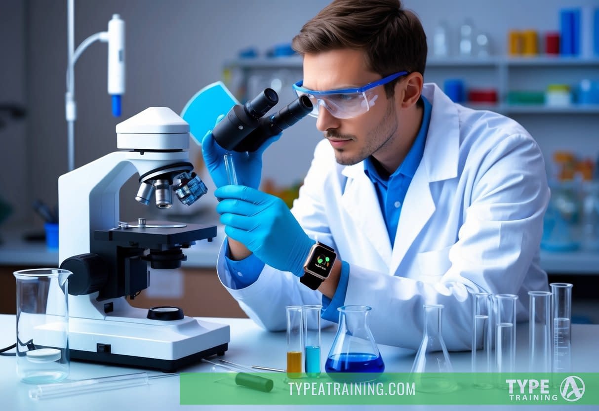 A scientist in a lab coat examines a smartwatch band under a microscope, surrounded by beakers, test tubes, and scientific equipment