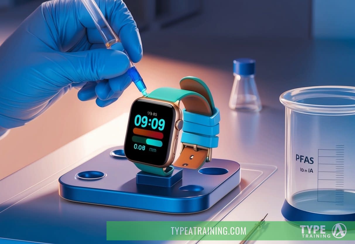 A smartwatch with interchangeable bands being tested for PFAS contamination in a laboratory setting
