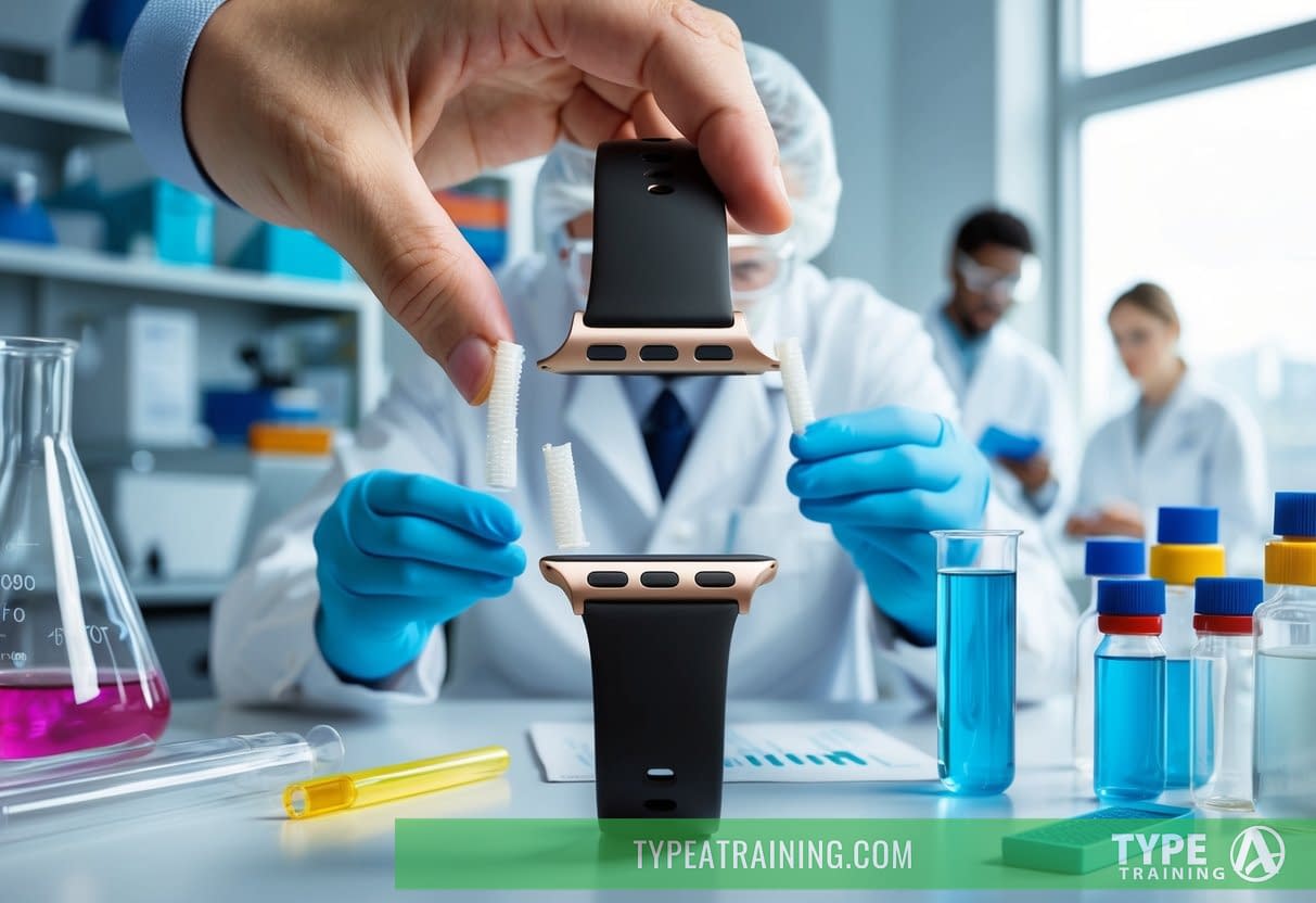 A smartwatch band being tested for PFAS chemicals in a laboratory setting with various scientific equipment and researchers in the background