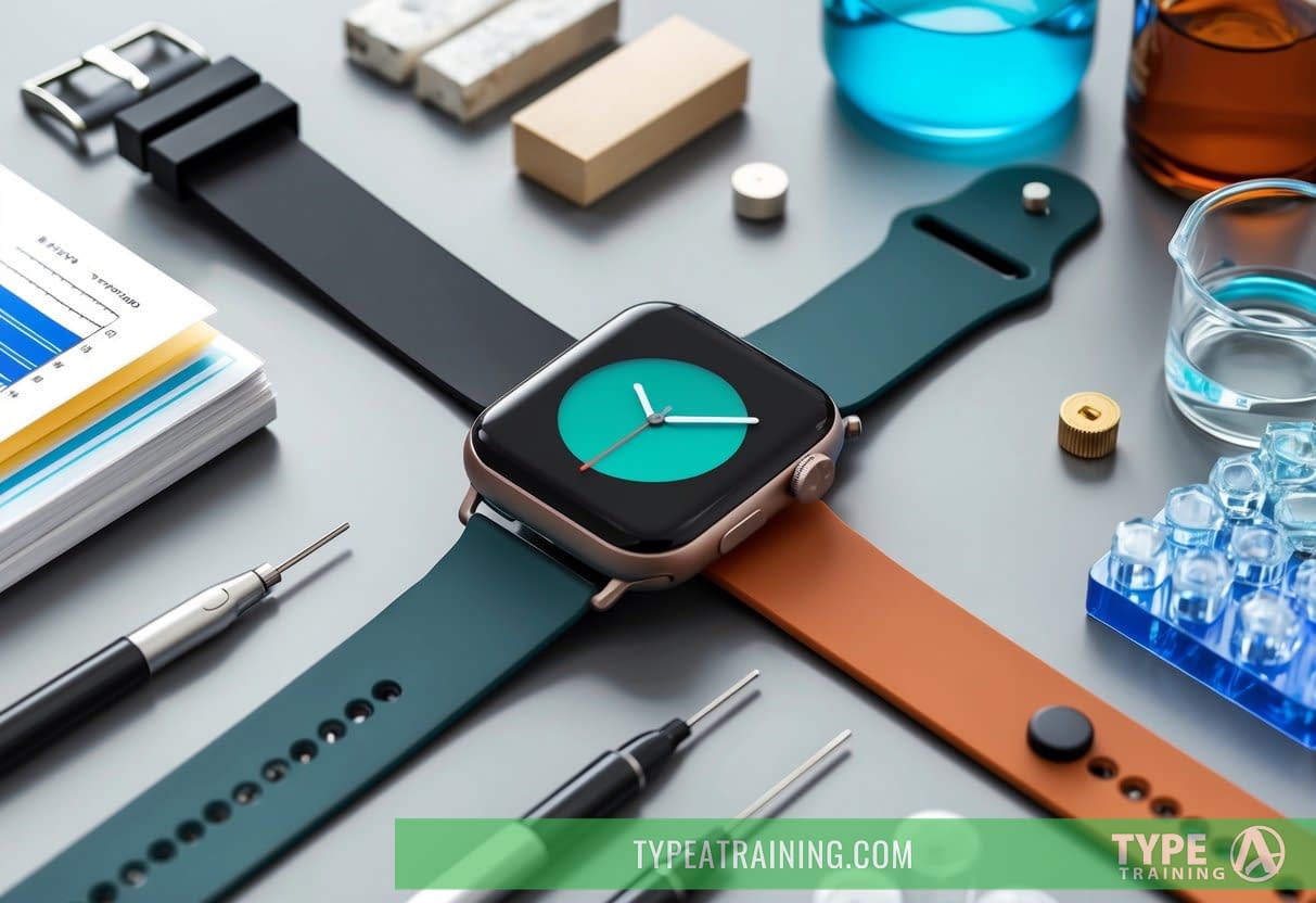 A smartwatch with interchangeable bands surrounded by scientific research materials on PFAS