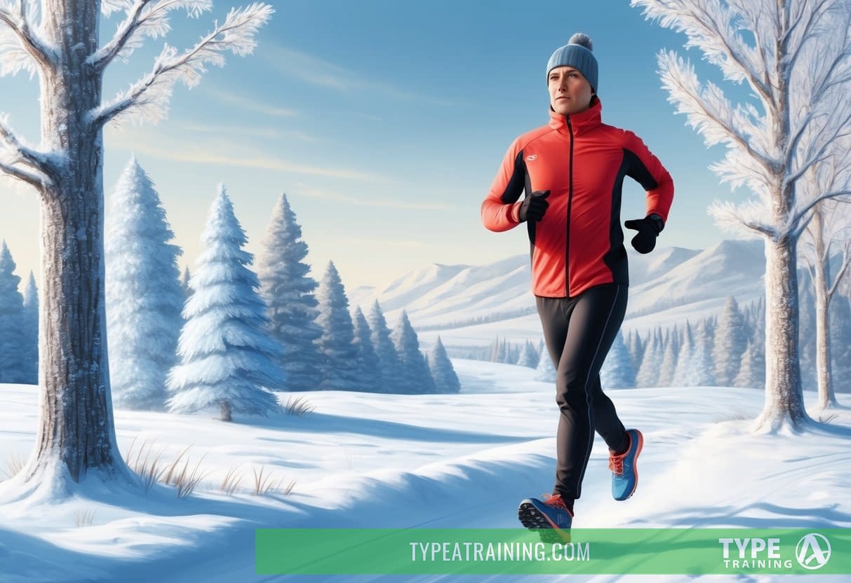 A snowy landscape with a runner in winter gear, surrounded by frosty trees and a clear, cold sky