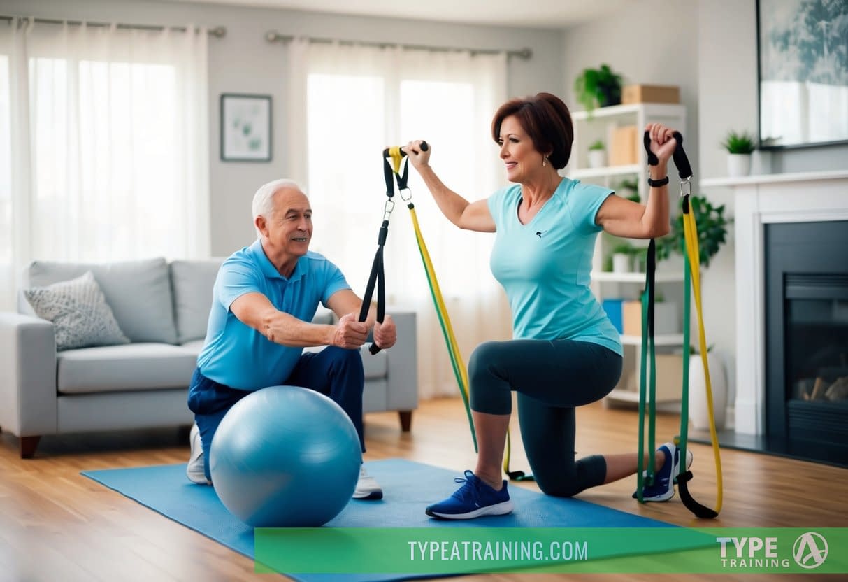 A senior exercises with a personal trainer in their living room, using resistance bands and a stability ball. The trainer offers encouragement and guidance