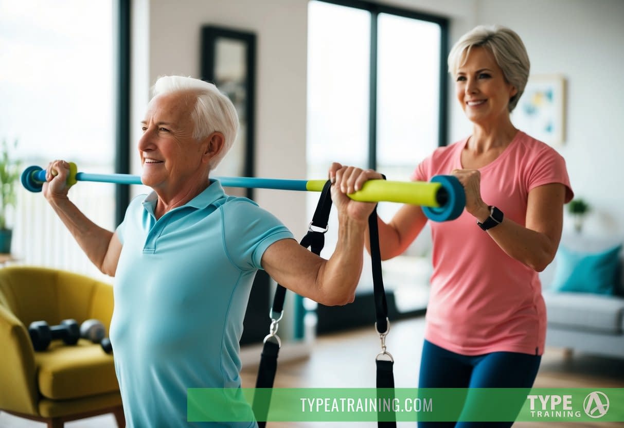 A senior exercising with a personal trainer in their home, using resistance bands and weights, with a focus on strength and balance training
