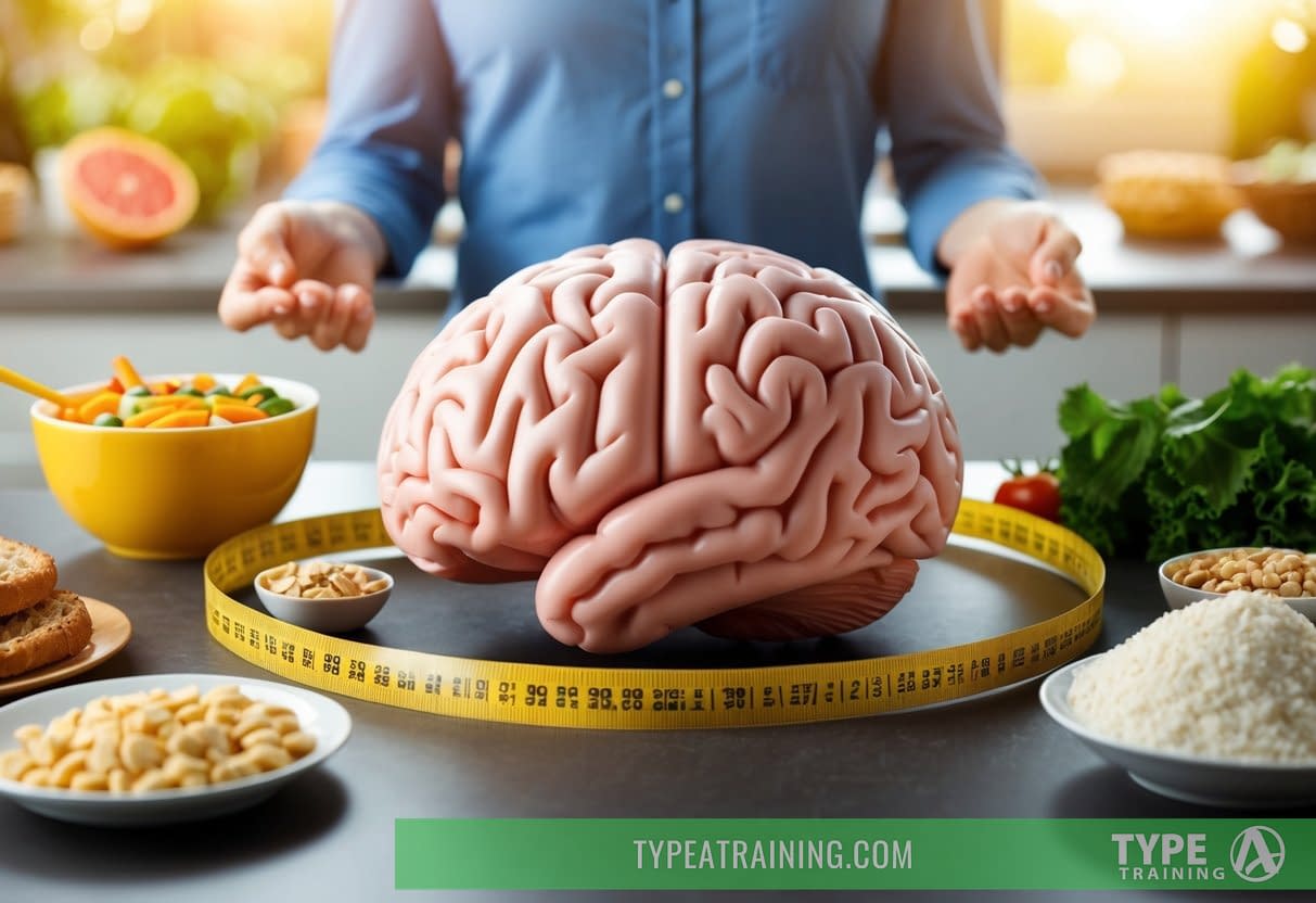 A large brain surrounded by unhealthy food and a tape measure indicating an increased waist size