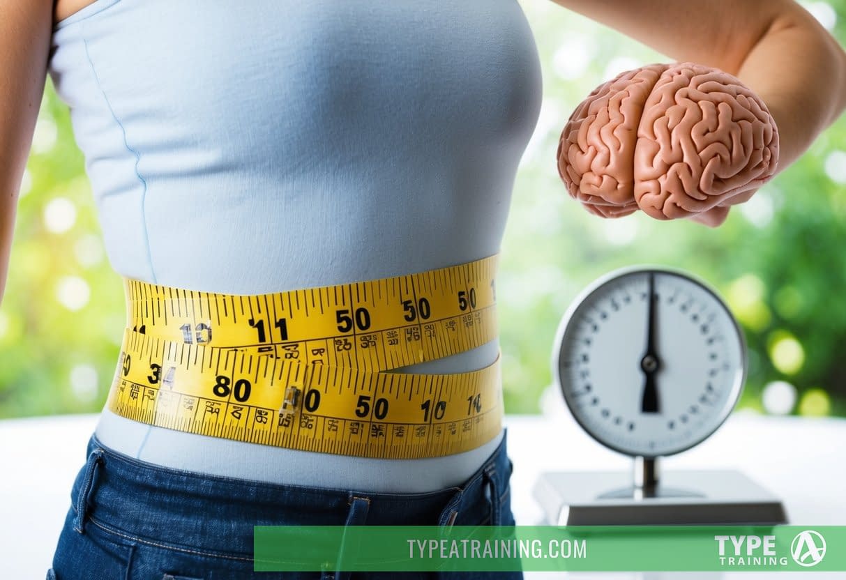 A tape measure wrapped around a waist, with a brain and a scale in the background, symbolizing the link between waist size, obesity, and dementia risk