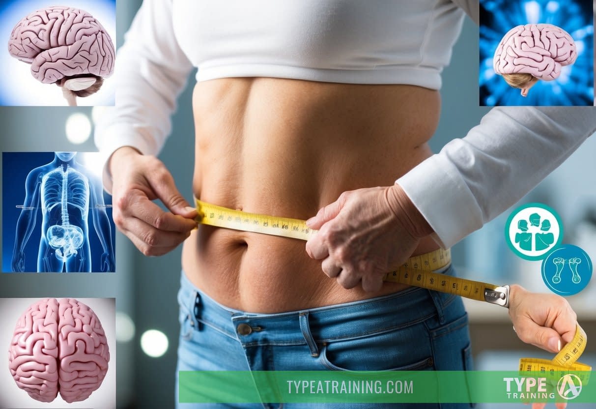 A middle-aged person measuring their waist with a tape measure, surrounded by images of brain scans, obesity-related items, and dementia-related symbols