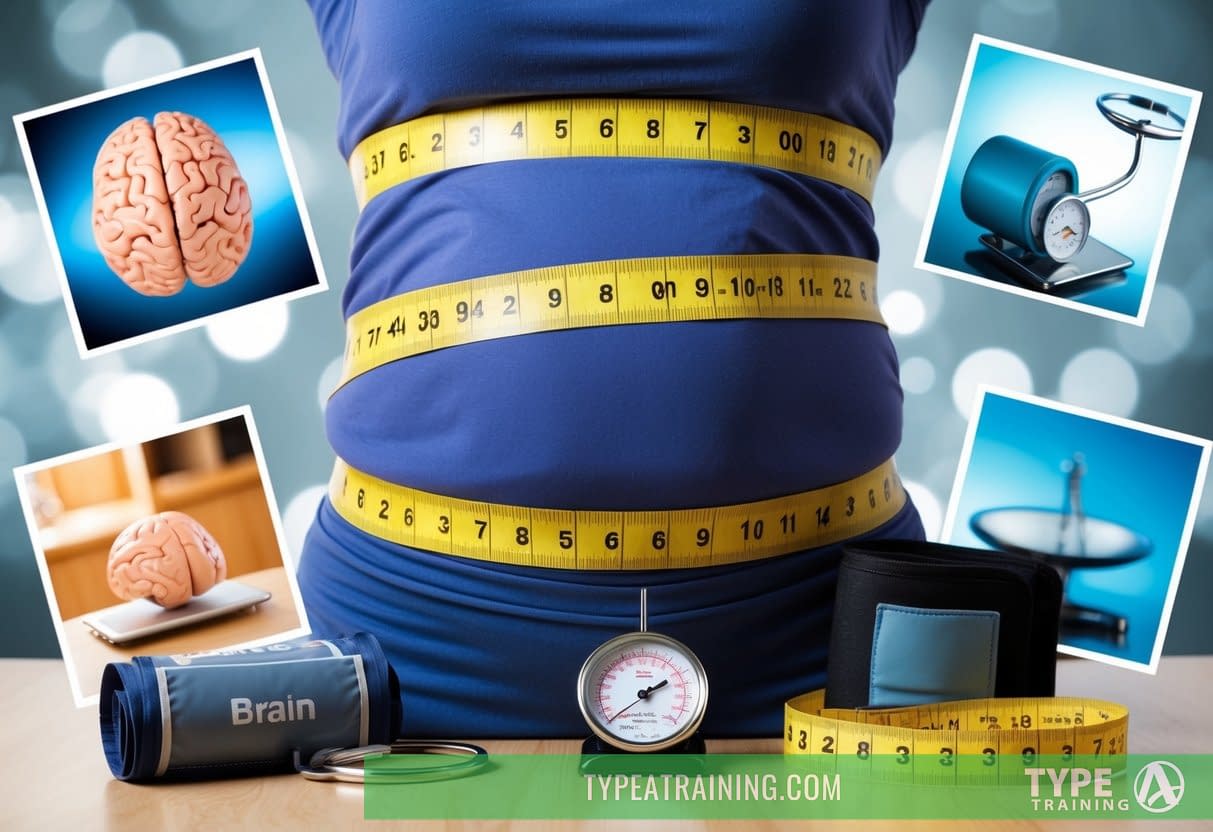 A tape measure wraps around a bulging midsection, while a blood pressure cuff sits nearby, surrounded by images of a brain and a scale