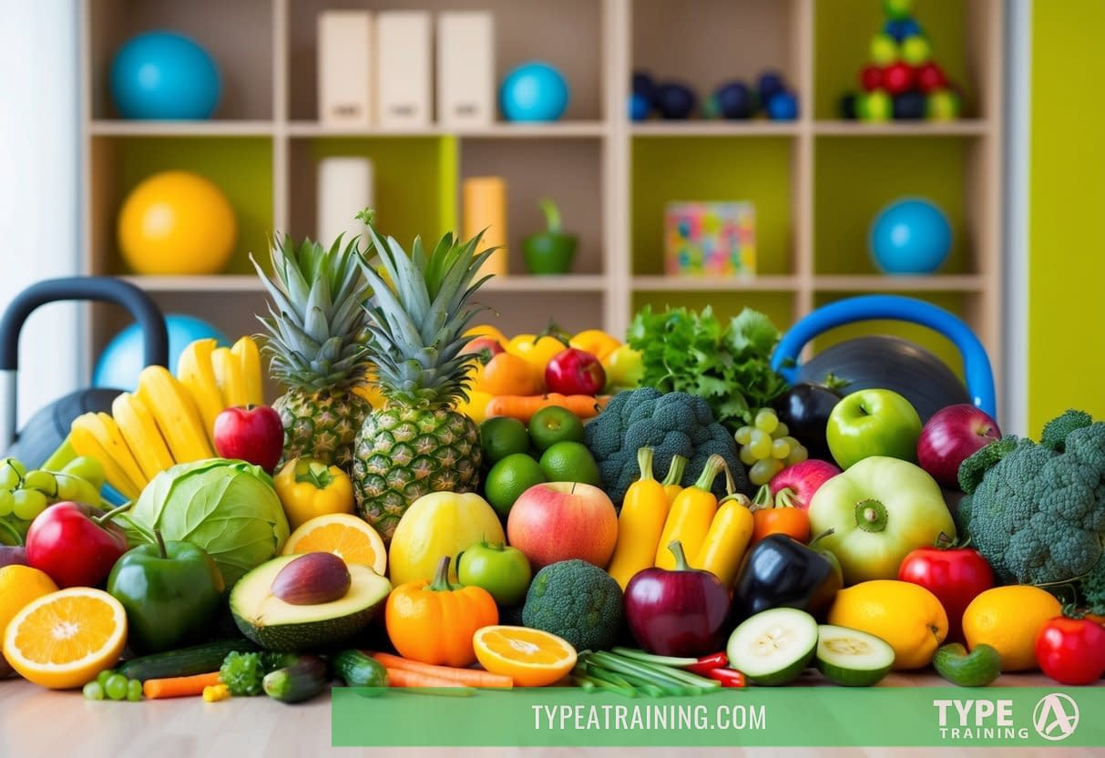 A group of diverse fruits and vegetables arranged in a colorful and appealing display, surrounded by exercise equipment and brain-boosting activities