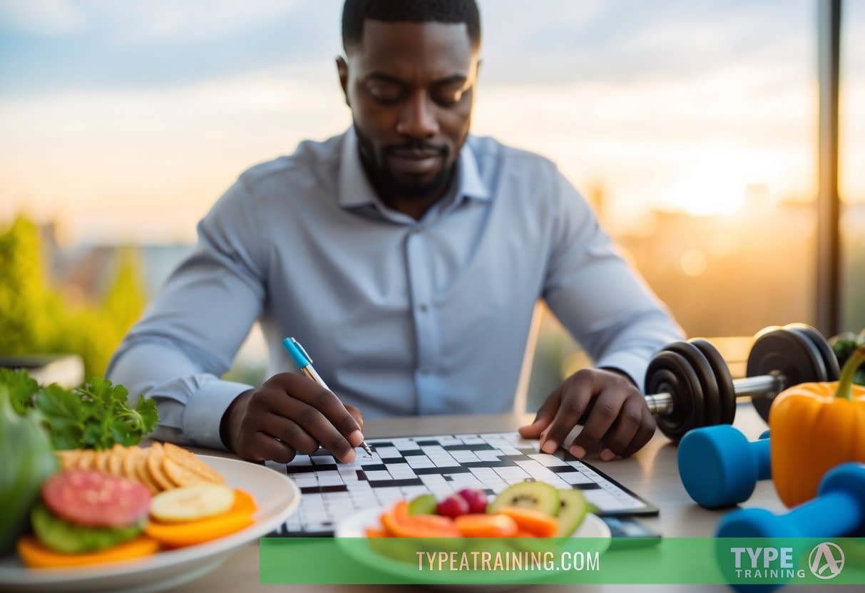 A person solving a crossword puzzle surrounded by healthy food and exercise equipment