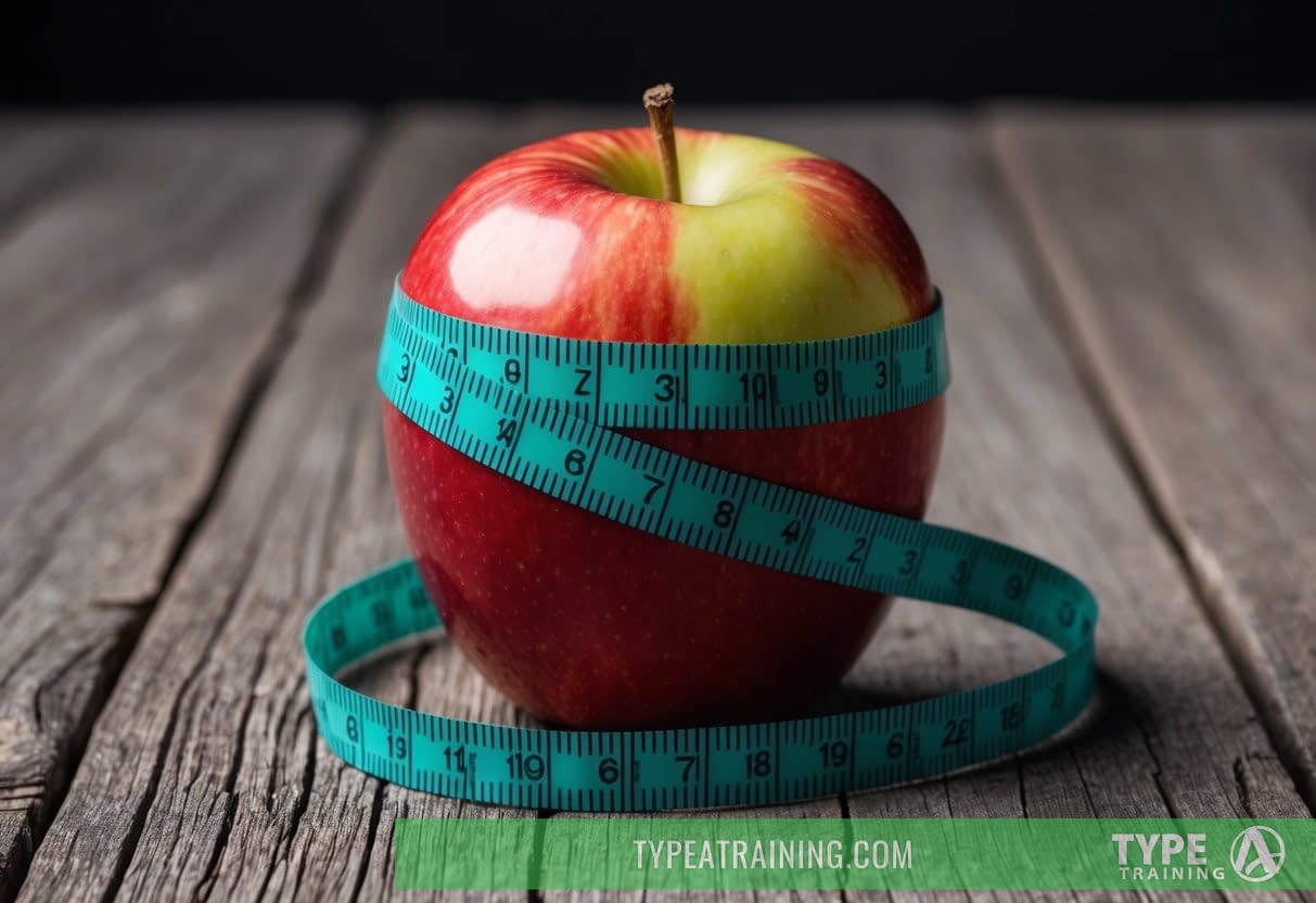 A tape measure wraps around a large apple, emphasizing the link between diet, weight, and brain health in midlife