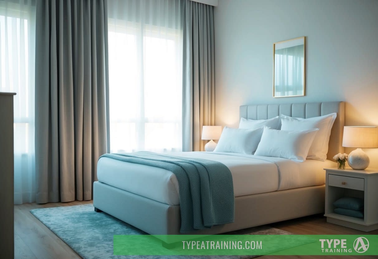 A serene bedroom with a peaceful atmosphere, featuring a comfortable bed, soft lighting, and calming decor to promote rest and reduce stress