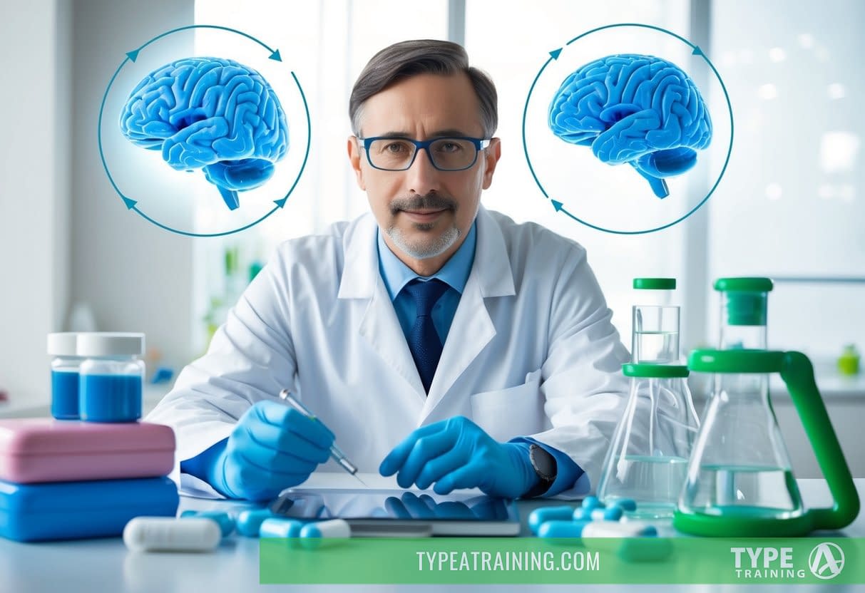 A scientist in a lab, surrounded by brain scans and weight loss drugs, studies the link between obesity and dementia