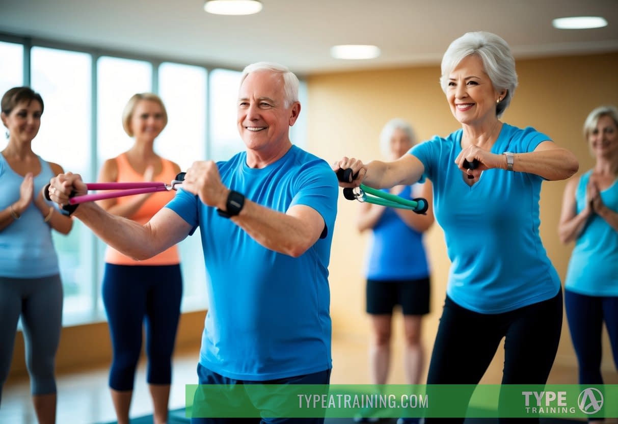 A senior exercising with a personal trainer in a gym, using resistance bands and balance equipment, surrounded by supportive onlookers
