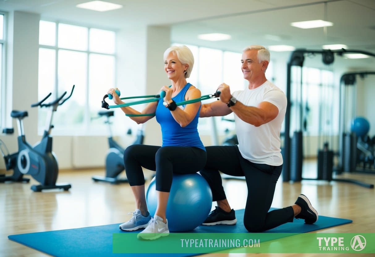 A senior exercising with a personal trainer, using resistance bands and a stability ball, surrounded by fitness equipment in a bright, spacious gym
