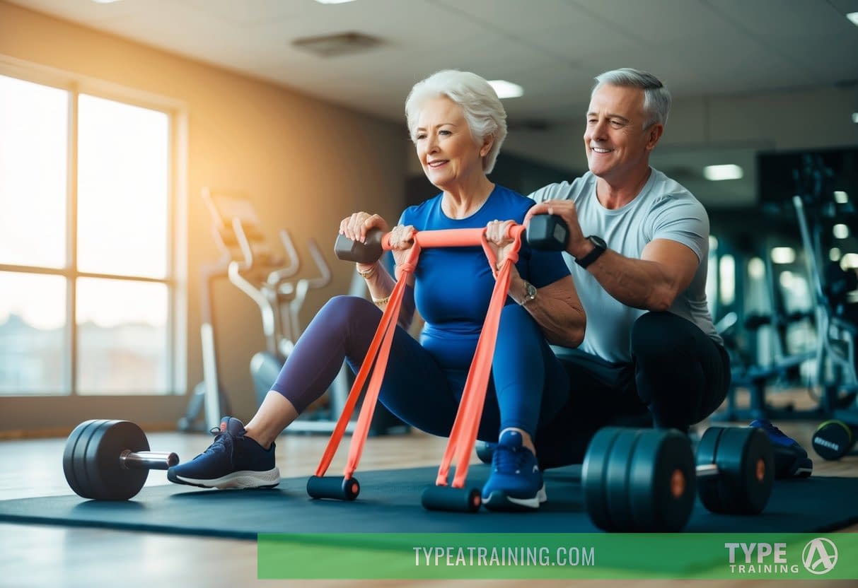 An elderly person exercising with a personal trainer, using resistance bands and weights, surrounded by equipment for strength and balance training