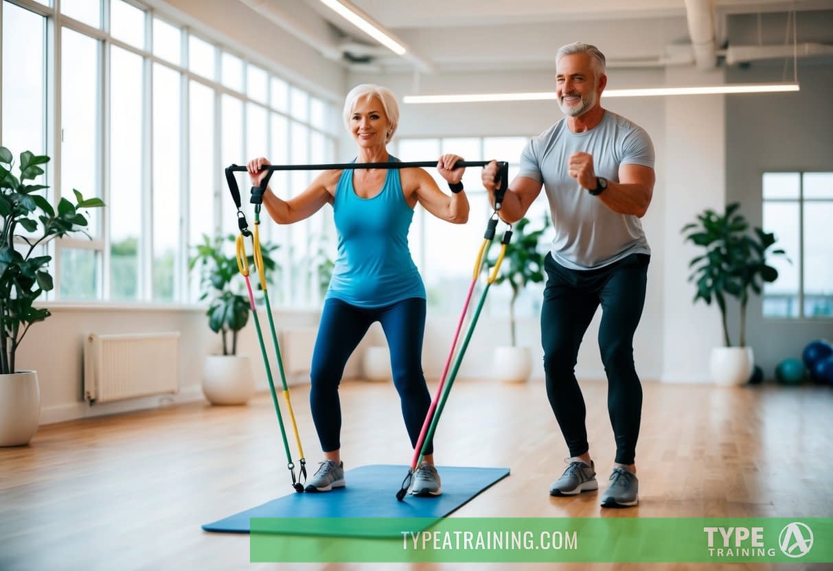 A senior exercising with a personal trainer, using resistance bands and balance exercises in a bright, spacious gym with large windows and plants