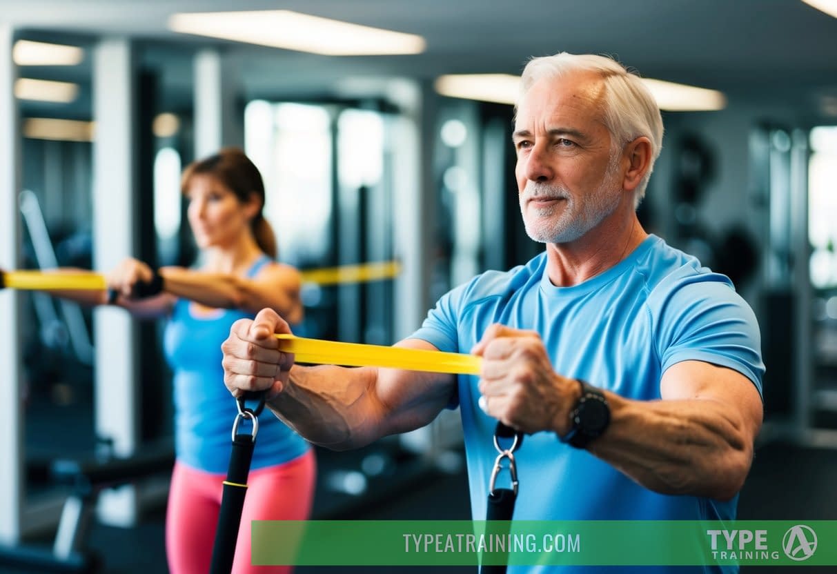 A senior using resistance bands under the guidance of a personal trainer. The trainer is demonstrating proper technique to prevent injuries