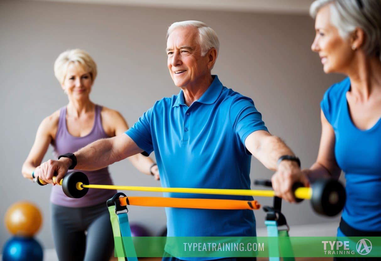 A senior is exercising with a personal trainer, using resistance bands and balance equipment. The trainer is monitoring progress and adjusting the program accordingly