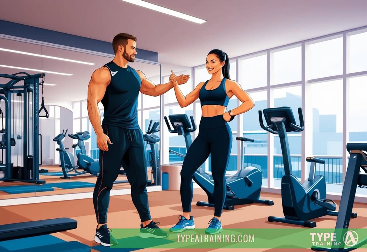 A personal trainer guiding a client through a workout routine in a well-equipped gym