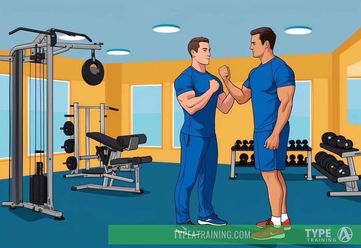 A personal trainer guiding a client through various exercises in a well-equipped gym with proper form and technique emphasized