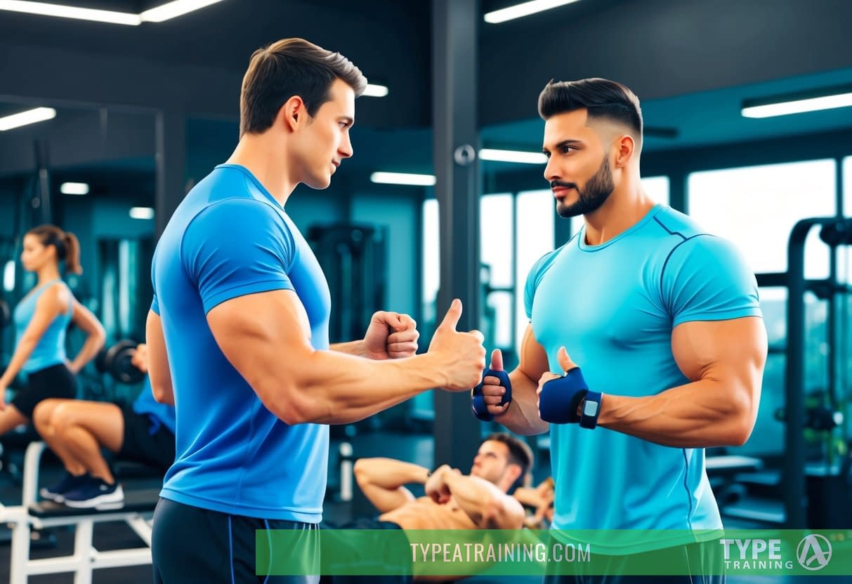 A personal trainer monitors a client's progress and adjusts workouts in a gym setting. The trainer observes the client's form and provides guidance on exercise techniques