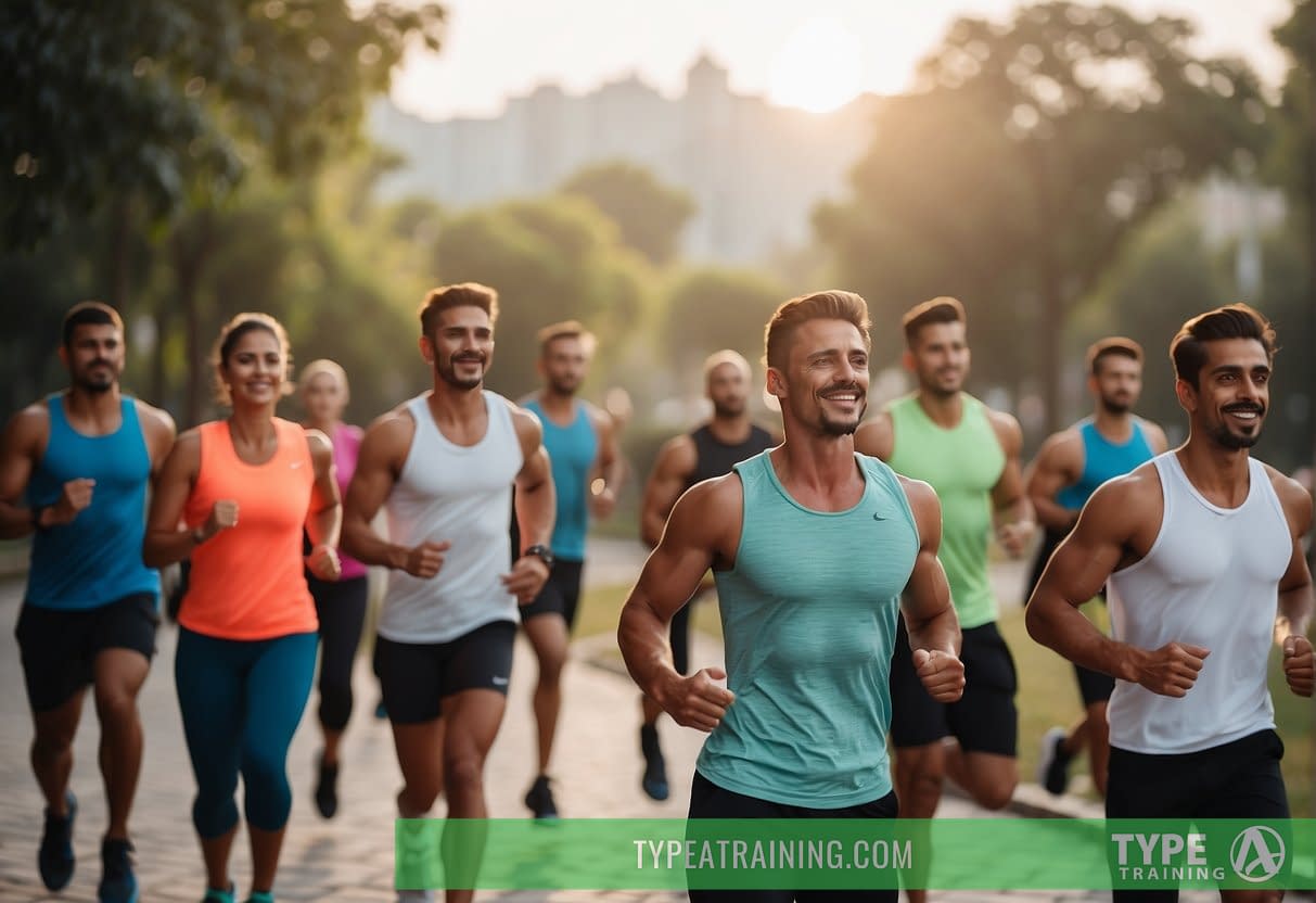 A group of people engage in a high-energy workout session during Ramadan in 2024, focusing on the synergy between nutrition and fitness. The atmosphere is vibrant and energetic, with a sense of dedication and determination in the air