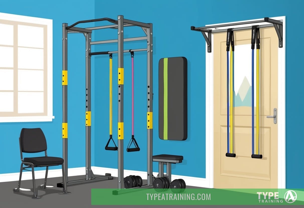 A pull-up bar with resistance bands, a chair for assisted pull-ups, a set of dumbbells, and a doorway pull-up bar mounted at home
