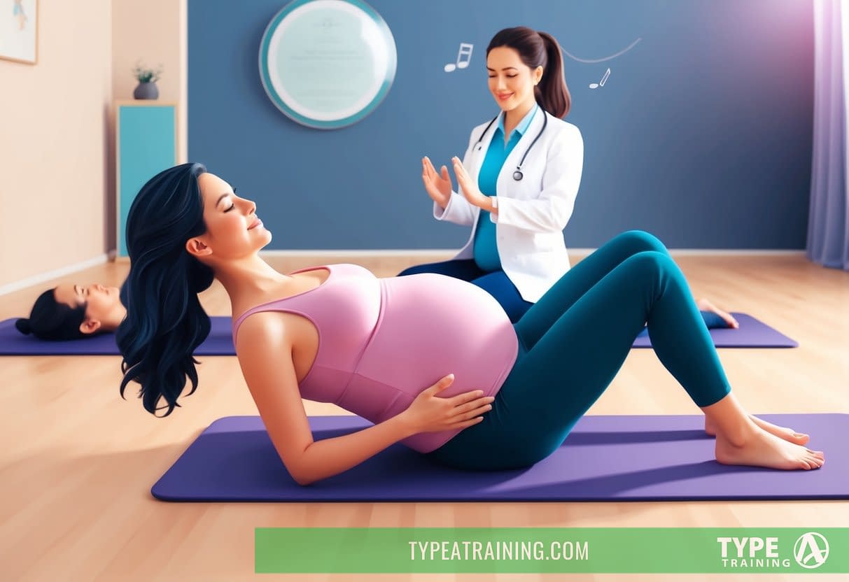 A serene pregnant woman engages in gentle Pilates exercises under the guidance of a certified instructor in a well-lit studio with soft music playing in the background