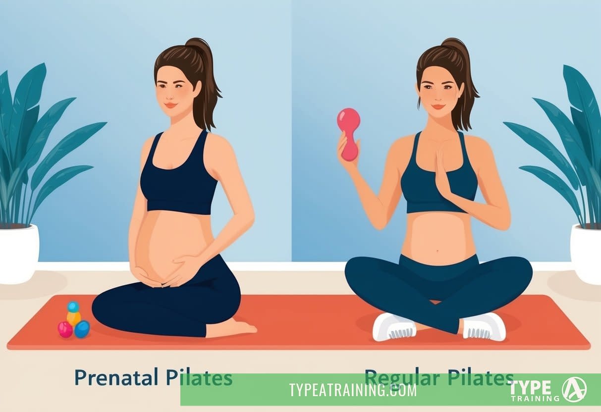 A woman transitions from prenatal Pilates to regular Pilates, symbolized by a changing workout outfit and a baby's rattle left behind