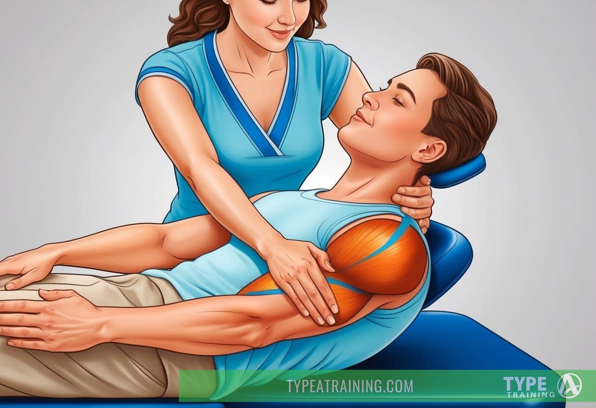 A person receiving a massage therapy assisted stretch, with the therapist gently stretching their limbs and applying pressure to specific muscle groups