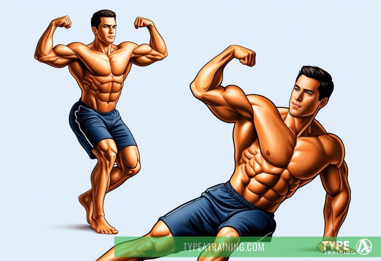 A calisthenics practitioner performing upper body exercises with well-defined arms and torso, while their legs appear smaller in comparison