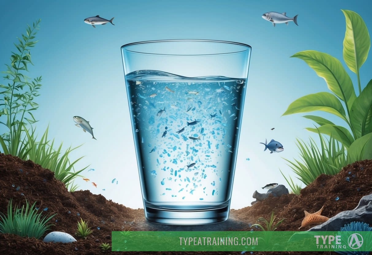 A clear glass of water with tiny plastic particles floating inside, surrounded by natural elements like soil, plants, and marine life