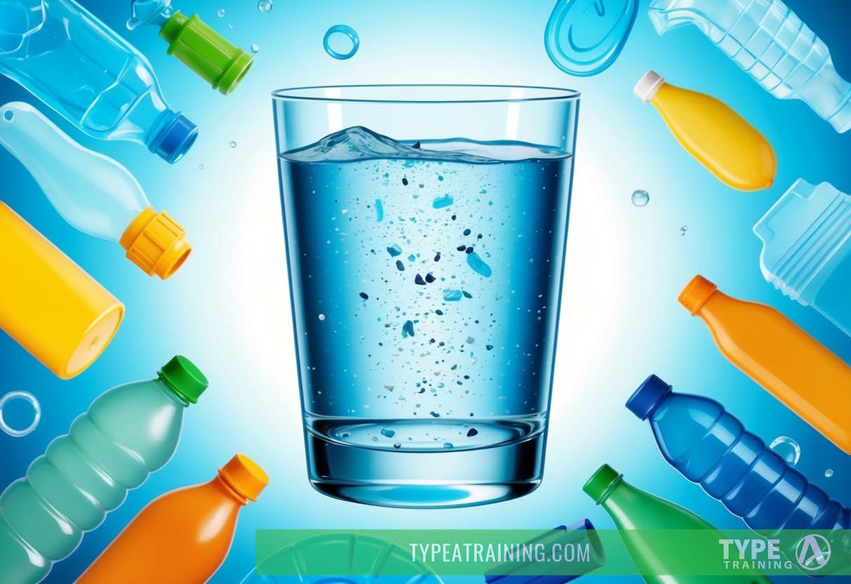 A clear glass of water with microplastic particles floating inside, surrounded by various sources of plastic pollution