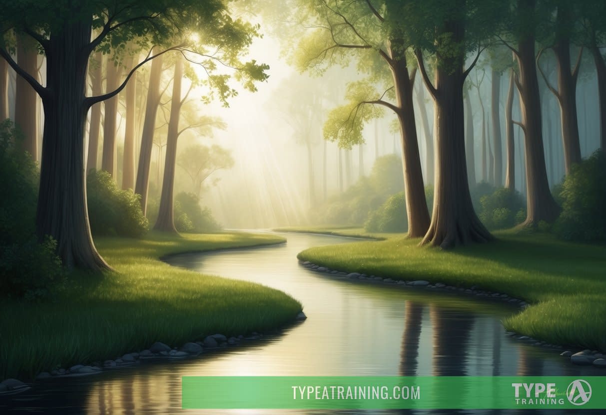 A serene forest with a winding river, sunlight streaming through the trees, and a calm, still atmosphere