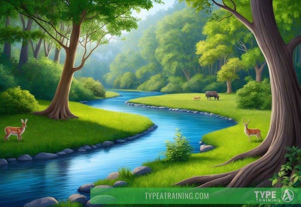 A serene forest with a winding river, surrounded by lush greenery and peaceful wildlife, with a clear focus on the vagus nerve